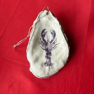 Oyster Shell Ornament with Blue Lobster Design